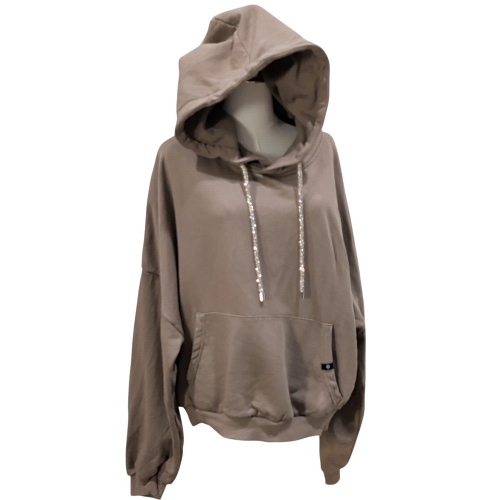 POPFLEX Active Oversized Hoodie Taupe Brown Rhinestone Drawstring Sweatshirt